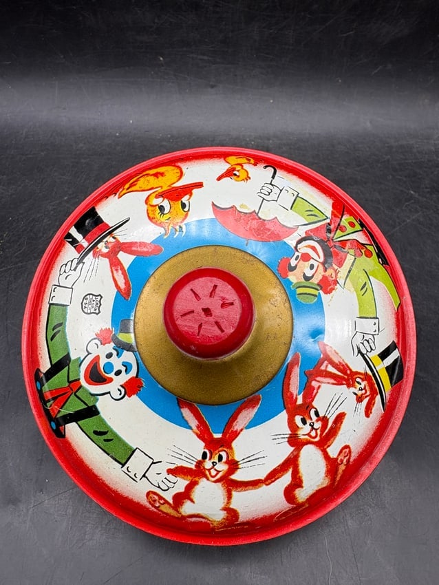 J. Chein & Co. Tin Lithograph Spinning Top with Wooden Plunger Magic Show Scene USA - 3