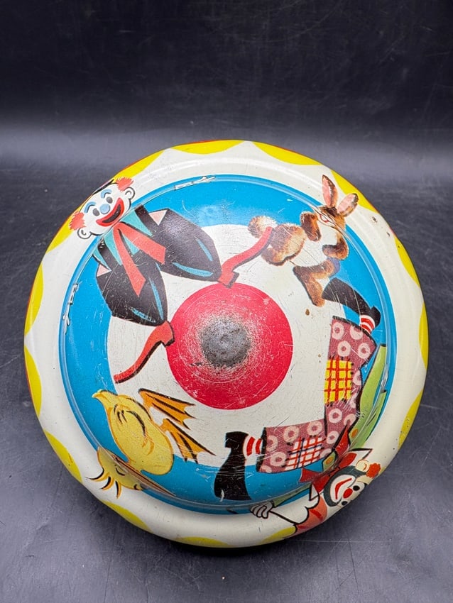 J. Chein & Co. Tin Lithograph Spinning Top with Wooden Plunger Magic Show Scene USA - 4