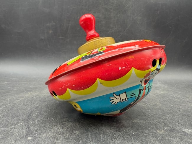 J. Chein & Co. Tin Lithograph Spinning Top with Wooden Plunger Magic Show Scene USA - 7