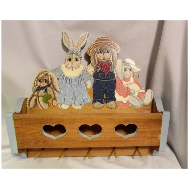 Vintage Folk Art Rabbit Wall Storage and Coat or Key Rack - 2