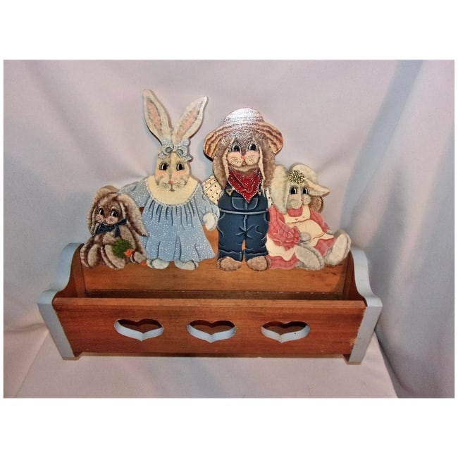 Vintage Folk Art Rabbit Wall Storage and Coat or Key Rack - 4