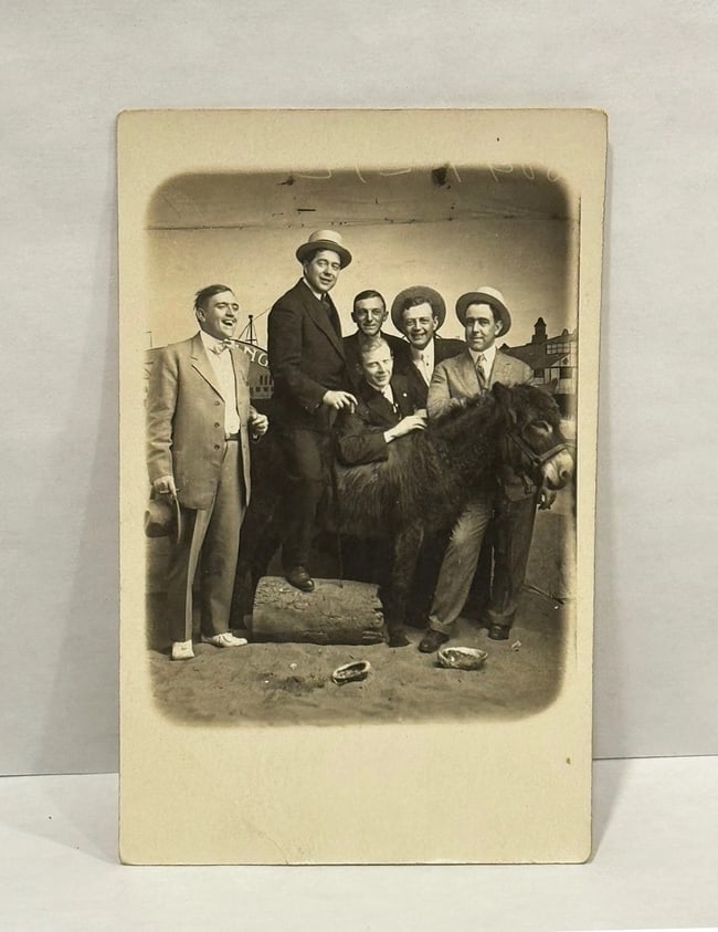 RPPC Real Photo Postcard Group of Men Studio w Donkey Beach Scene Circa 1900 - 2