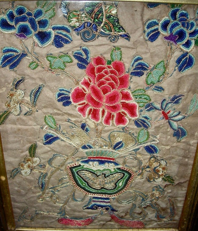 Urn of Flowers Needlework w/Gold Thread - 2