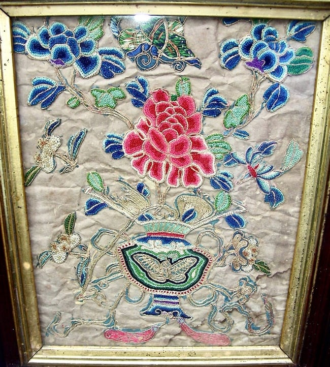 Urn of Flowers Needlework w/Gold Thread - 3