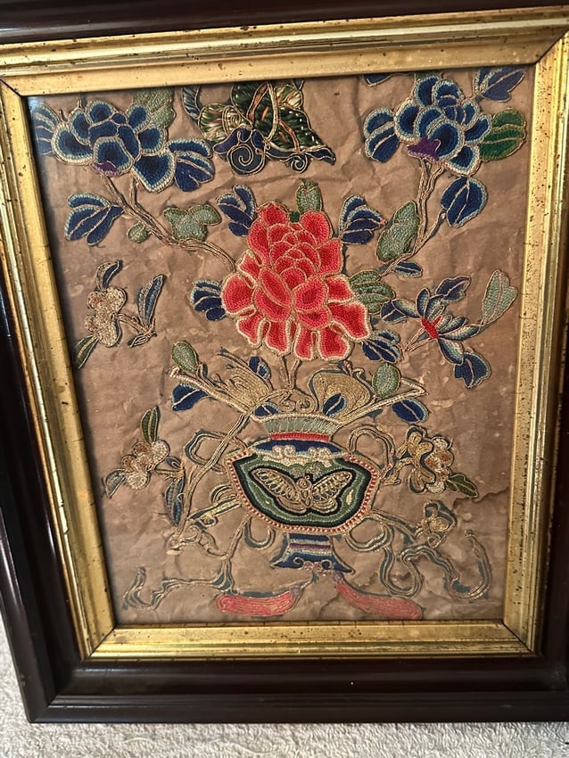 Urn of Flowers Needlework w/Gold Thread - 4