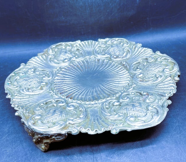 Antique Silverplate Footed Plateau Stand Ornate Repousse Serving Display Tray 11" - 3