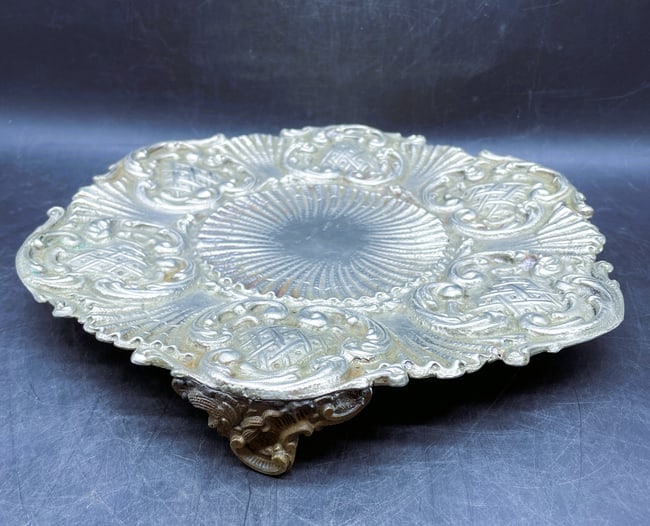 Antique Silverplate Footed Plateau Stand Ornate Repousse Serving Display Tray 11" - 5