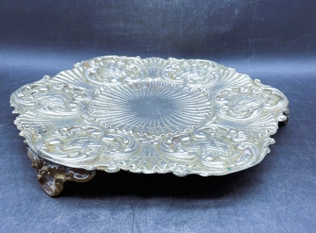 Antique Silverplate Footed Plateau Stand Ornate Repousse Serving Display Tray 11" - 6