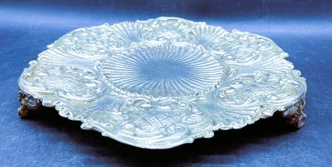 Antique Silverplate Footed Plateau Stand Ornate Repousse Serving Display Tray 11" - 8