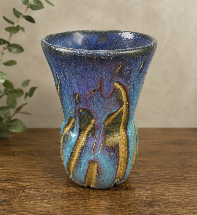 Contemporary Studio Art Pottery Vase Signed "F" Blue Turquoise Metallic Glaze Hand Thrown 5.5 In.: Date/Period: unknown Dimension: approx: 5.5" Material: pottery Additional Information: An eye-catching contemporary studio art pottery vase featuring a sculptural hand-thrown form decorated with richl