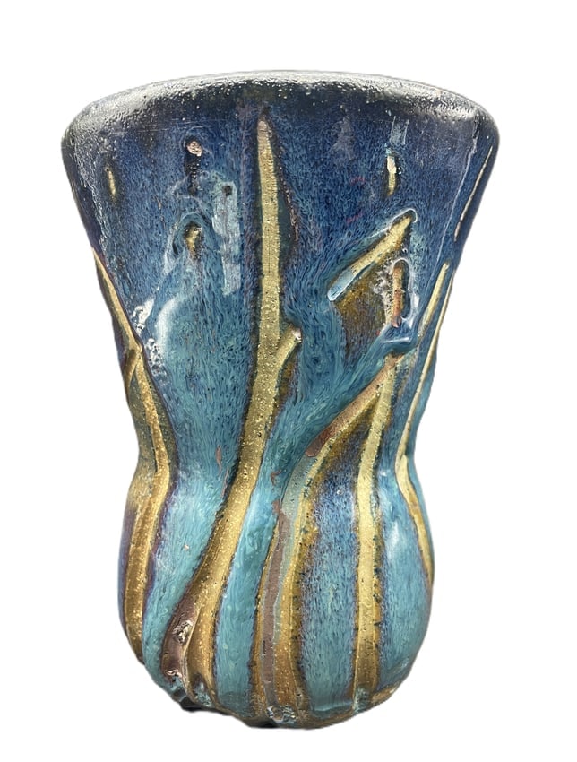 Contemporary Studio Art Pottery Vase Signed "F" Blue Turquoise Metallic Glaze Hand Thrown 5.5 In. - 2