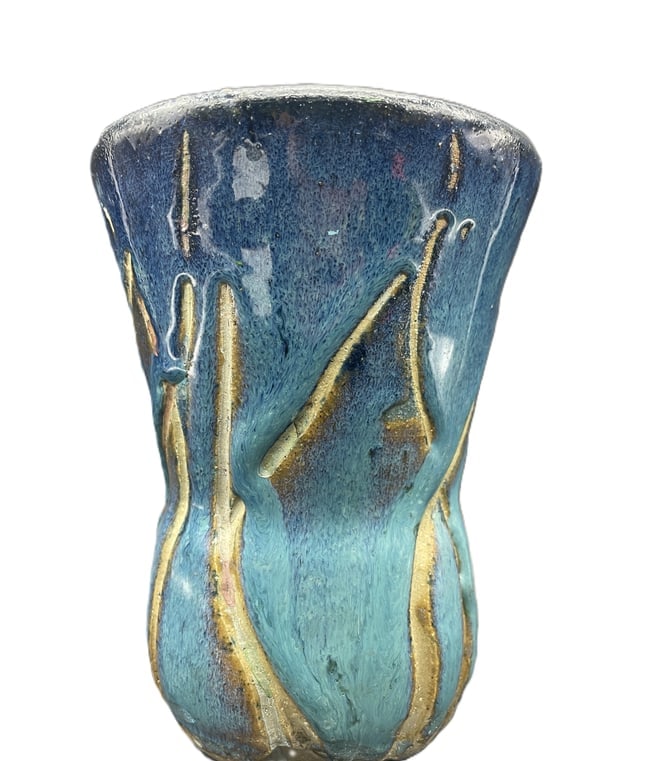 Contemporary Studio Art Pottery Vase Signed "F" Blue Turquoise Metallic Glaze Hand Thrown 5.5 In. - 3