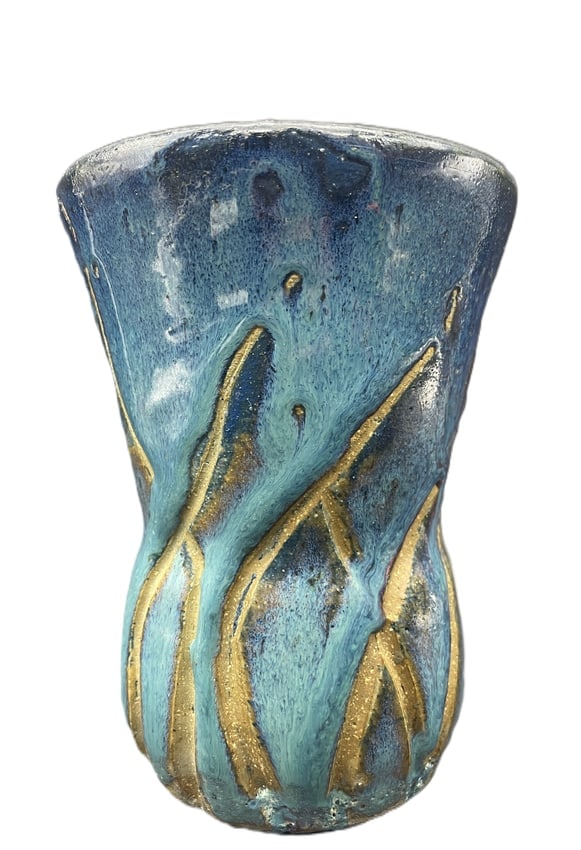 Contemporary Studio Art Pottery Vase Signed "F" Blue Turquoise Metallic Glaze Hand Thrown 5.5 In. - 4