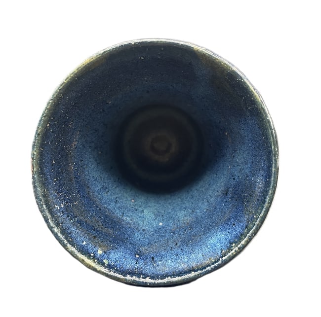 Contemporary Studio Art Pottery Vase Signed "F" Blue Turquoise Metallic Glaze Hand Thrown 5.5 In. - 5