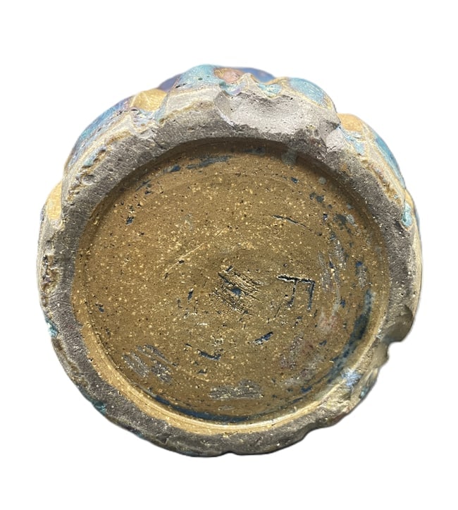 Contemporary Studio Art Pottery Vase Signed "F" Blue Turquoise Metallic Glaze Hand Thrown 5.5 In. - 6