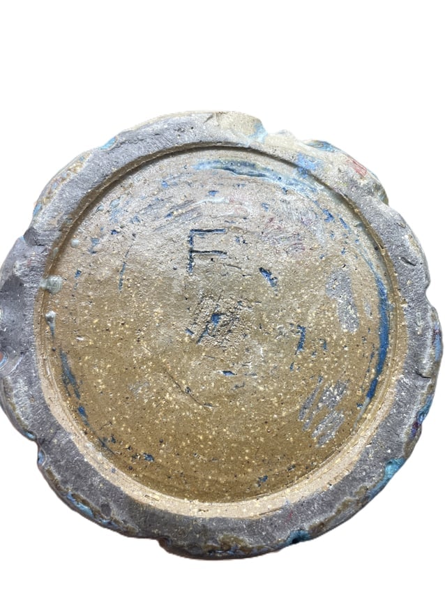 Contemporary Studio Art Pottery Vase Signed "F" Blue Turquoise Metallic Glaze Hand Thrown 5.5 In. - 7