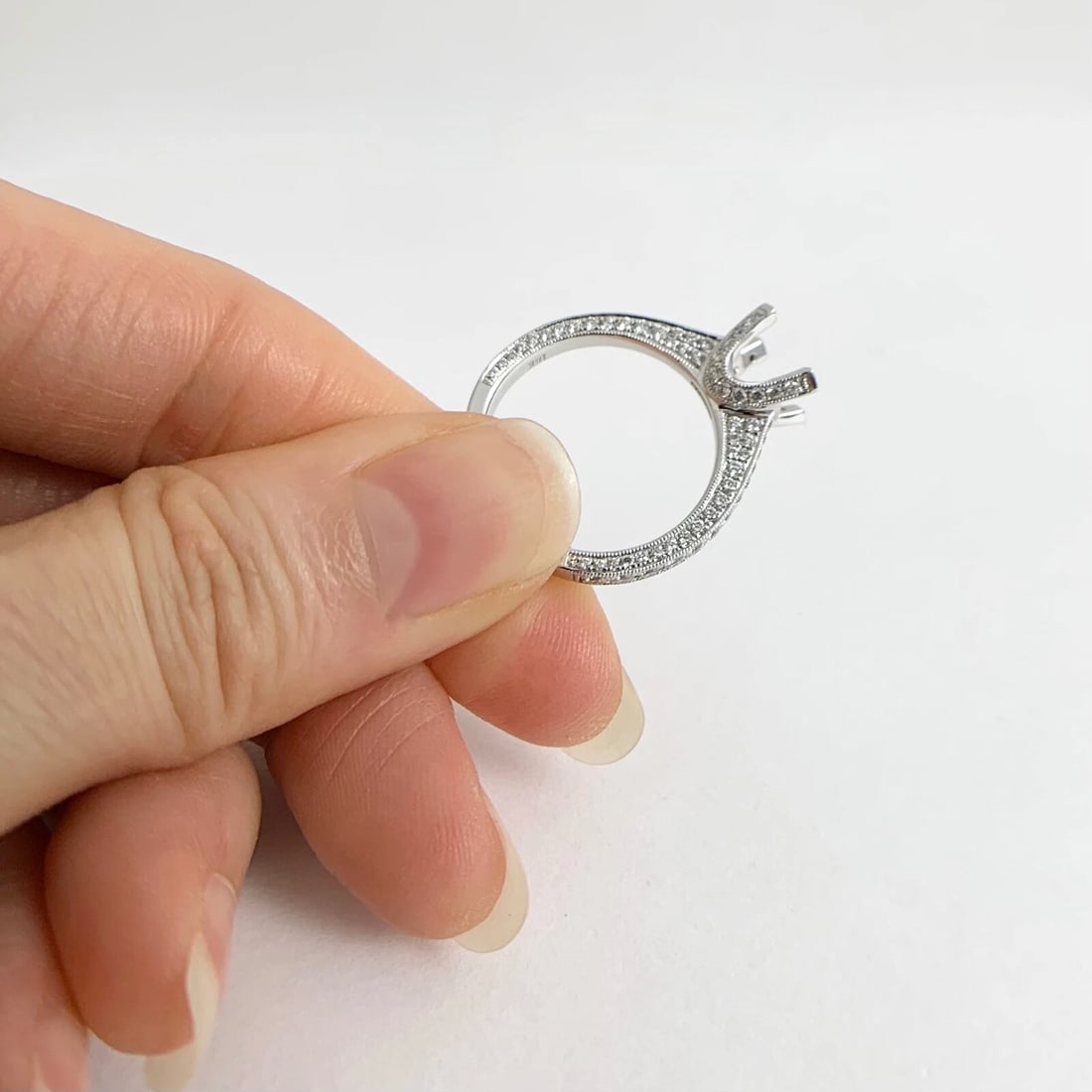 Pave Diamond Prong Engagement Ring Setting Mounting 18K White Gold 1.05 CTW - 7