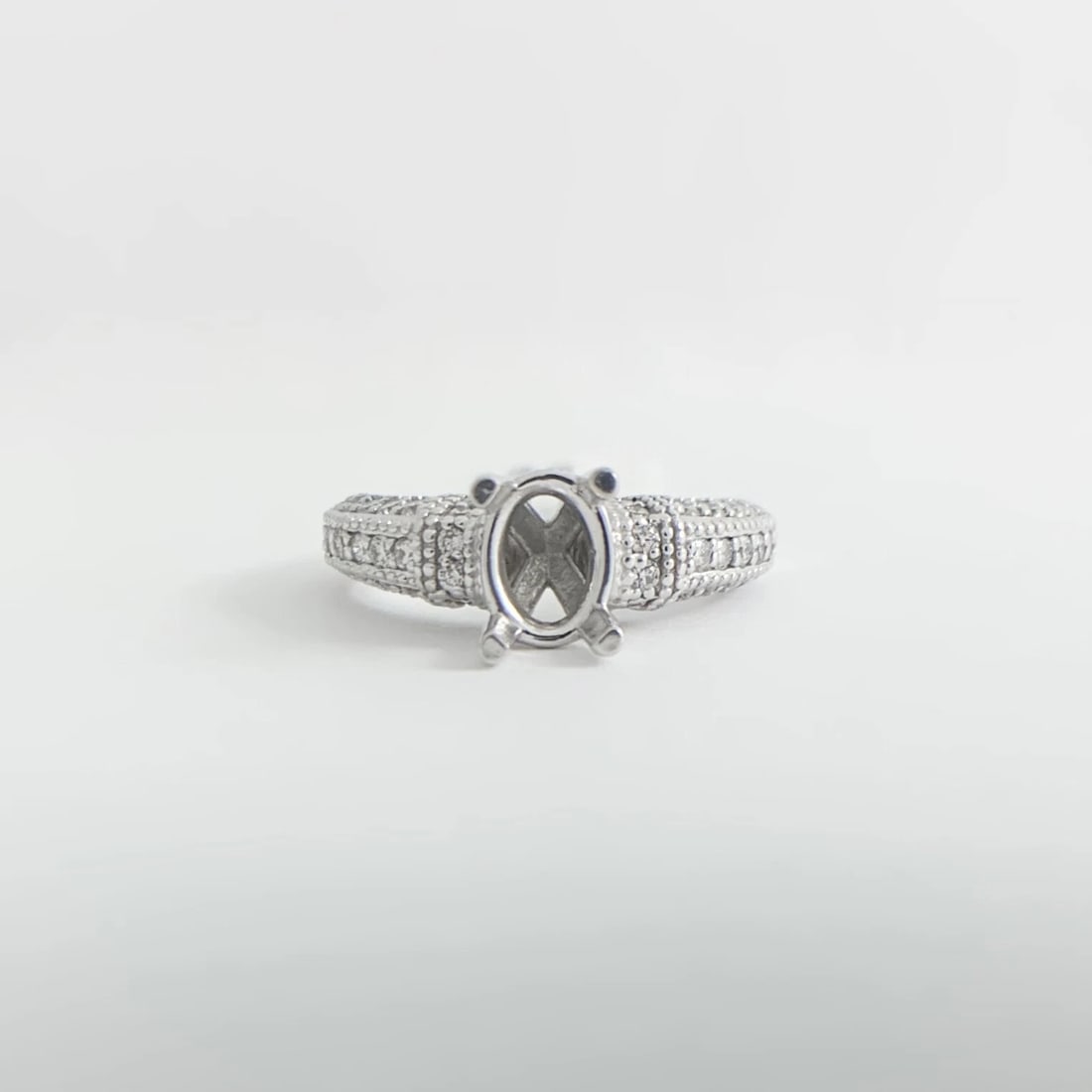 Oval Milgrain Pave Diamond Engagement Ring Setting Mounting 14K White Gold - 7