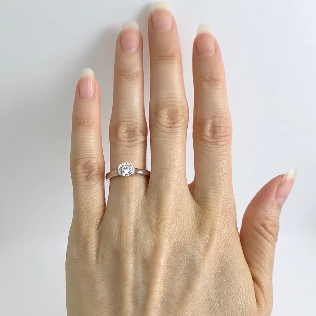 Round Half Bezel Solitaire Diamond Engagement Ring 14K White Gold .61 CT - 2