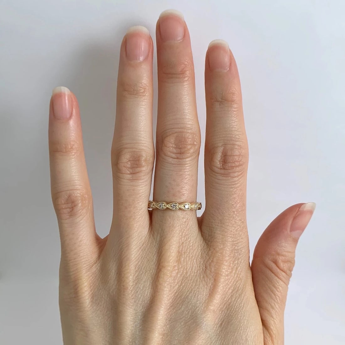 Pear Milgrain Diamond Eternity Ring Wedding Band 14K Yellow Gold, Size 6.5 - 2