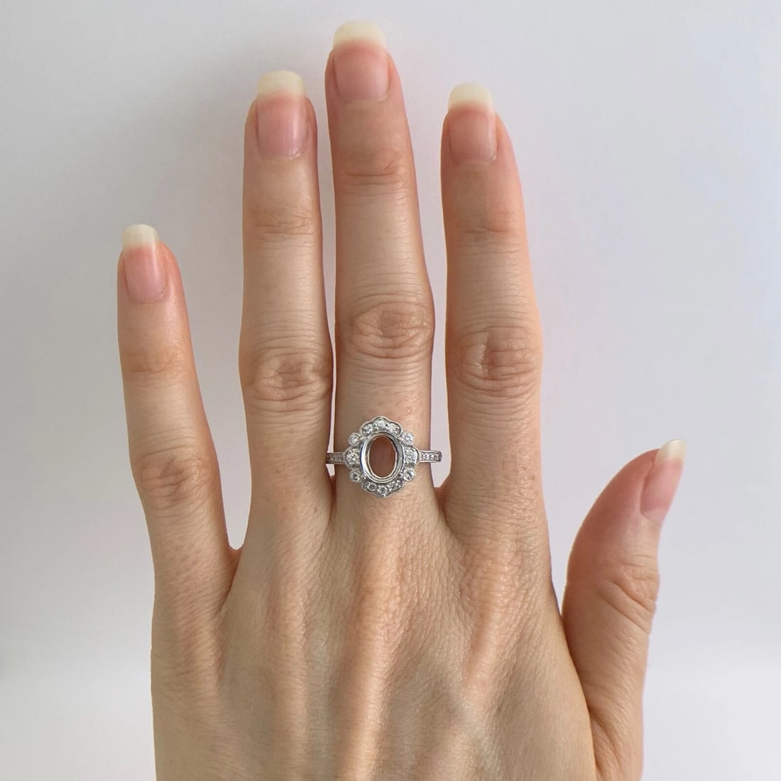 Oval Milgrain Halo Diamond Platinum Engagement Ring Setting Mounting, 5.15 Grams - 2