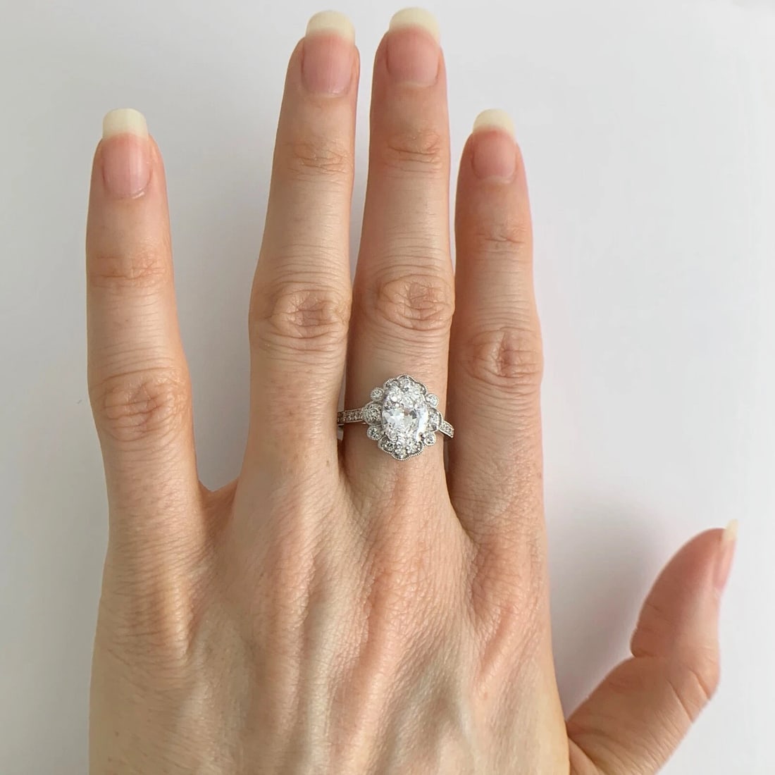 Oval Milgrain Halo Diamond Platinum Engagement Ring Setting Mounting, 5.15 Grams - 7
