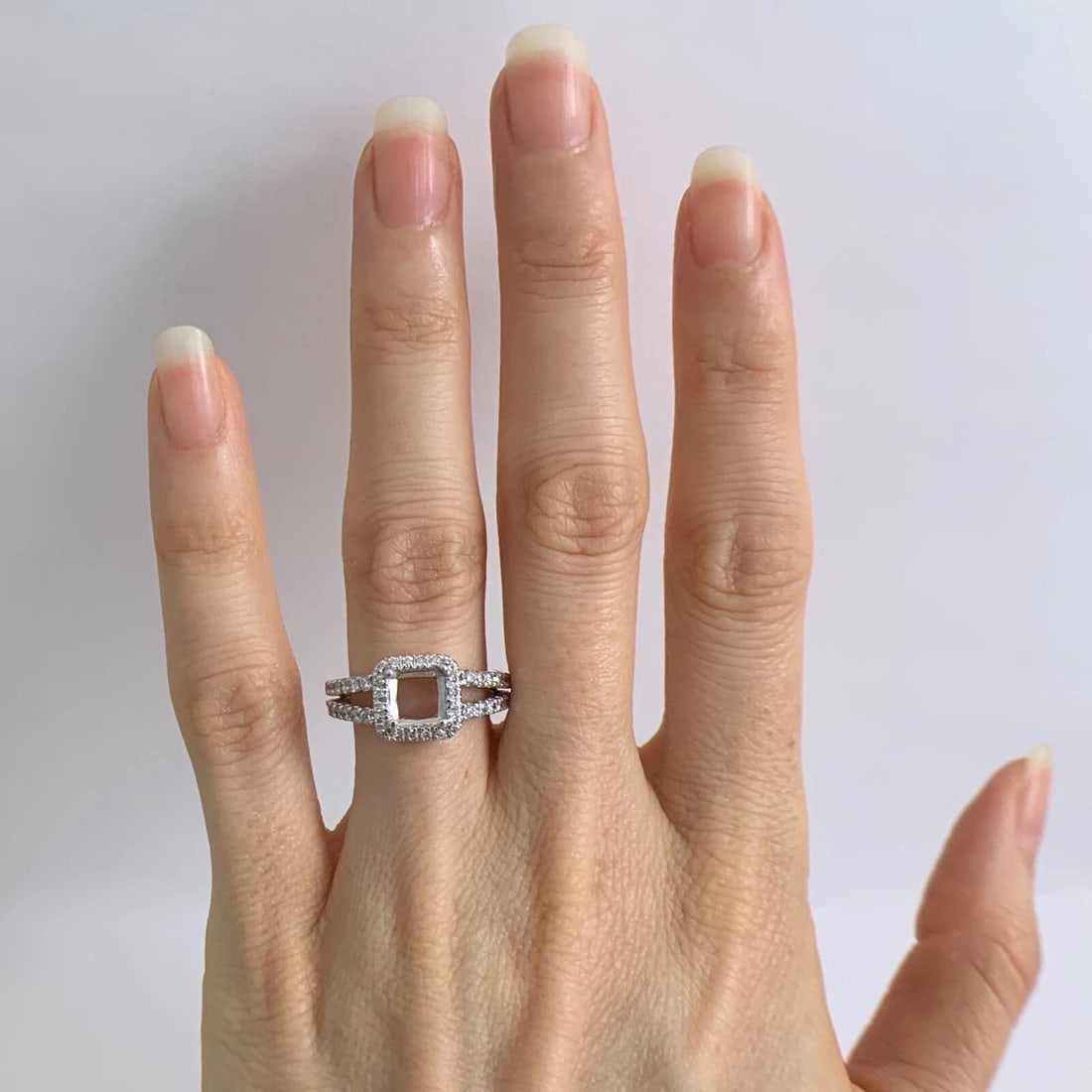 Square Halo Split Shank Diamond Engagement Ring Setting Mounting 14K White Gold - 2