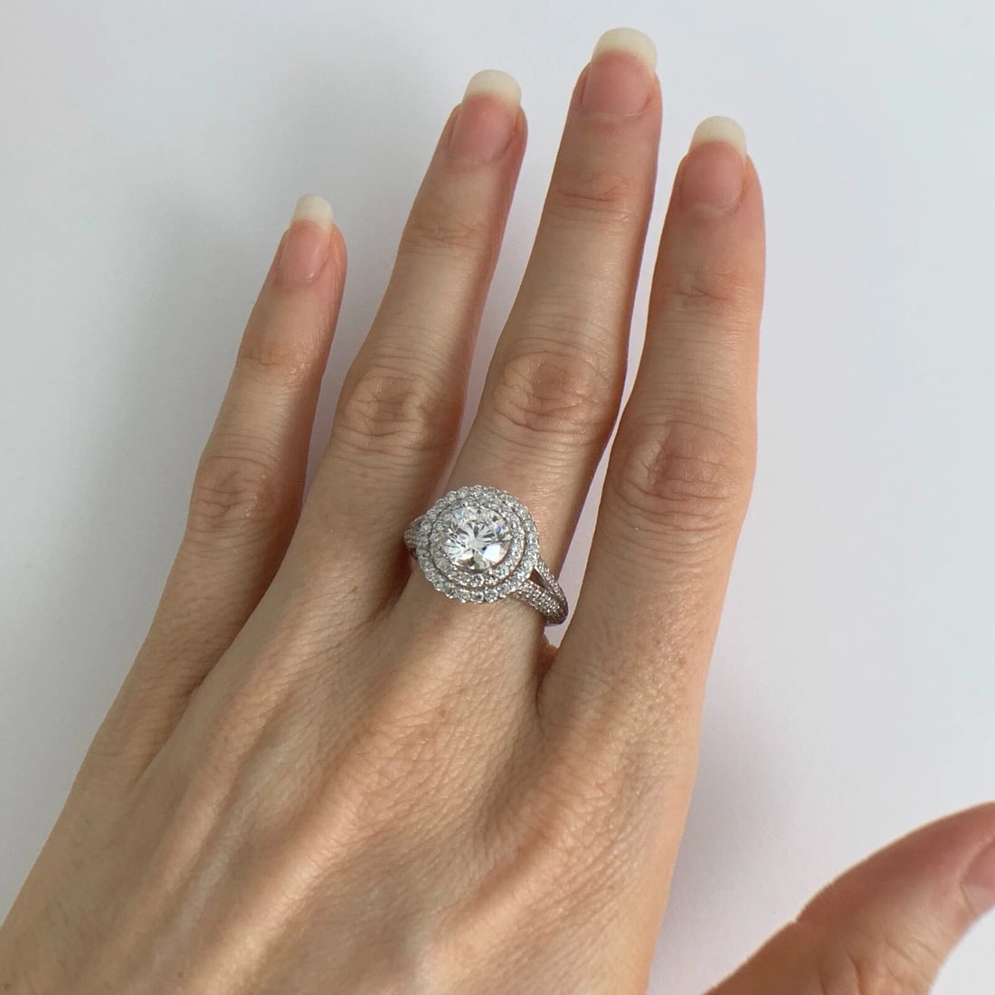 Round Double Halo Diamond Engagement Ring Setting Mounting 14K White Gold - 7