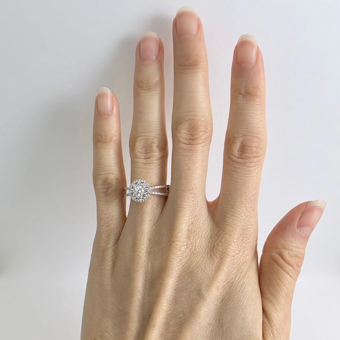 Flower Cluster Split Shank Halo Diamond Engagement Ring 18K White Gold .90 CTW - 2
