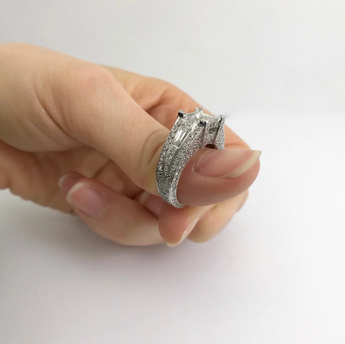 Pave Baguette Diamond Engagement Ring Setting Mounting 14K White Gold, 2.45 CTW - 2