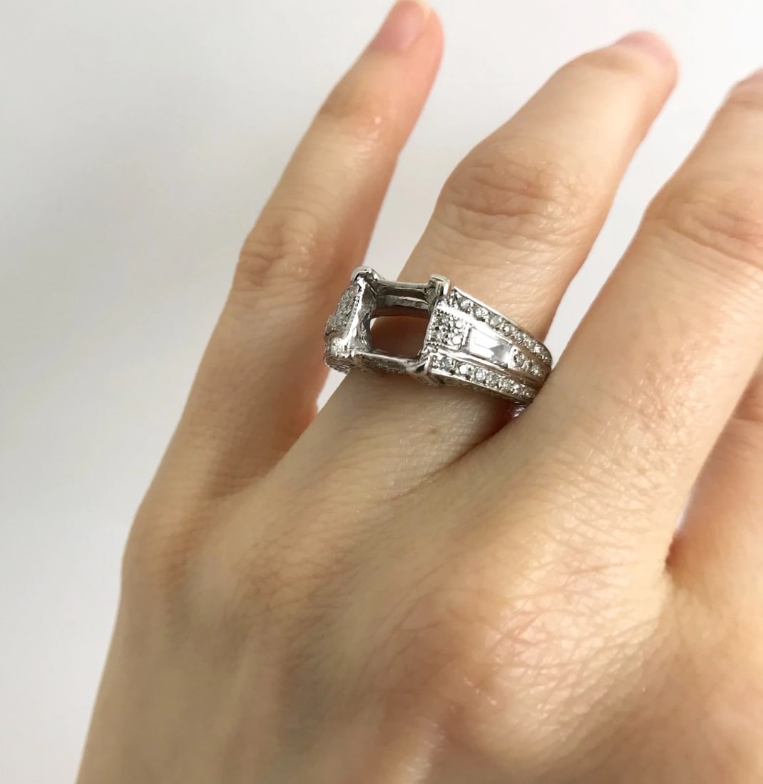 Pave Baguette Diamond Engagement Ring Setting Mounting 14K White Gold, 2.45 CTW - 7
