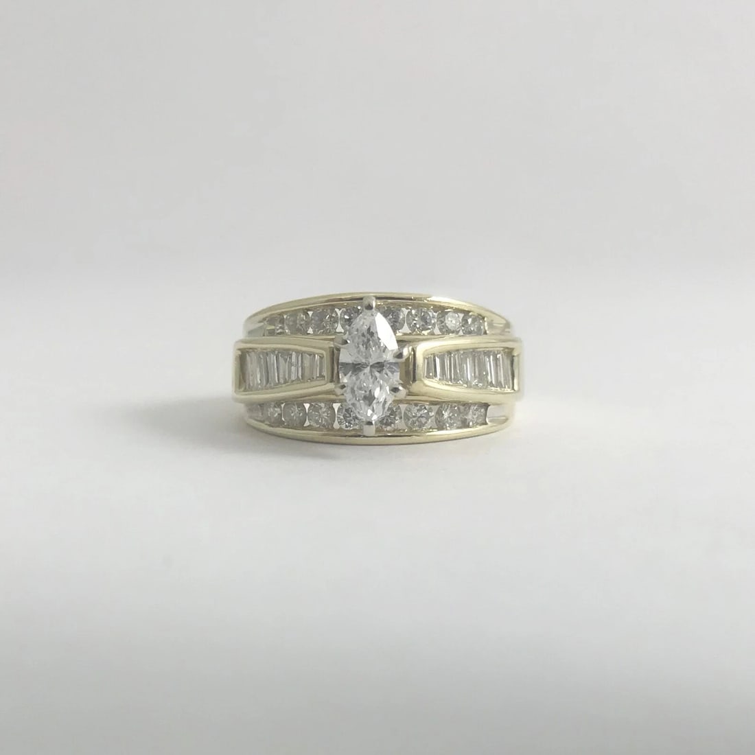 Wide Marquise Baguette Diamond Engagement Ring 14K Yellow Gold 1.35 CTW, 7.33 Gr - 7