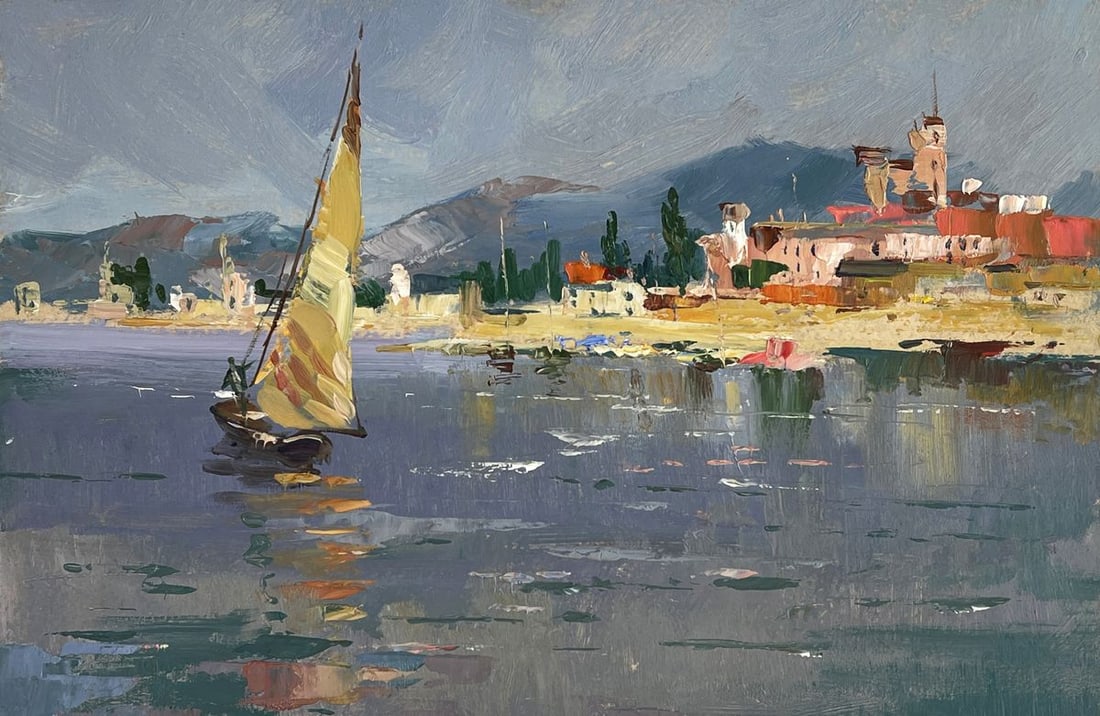 Oil painting Boat On The River In Front Of The City Yuriy Suprunchuk - 3