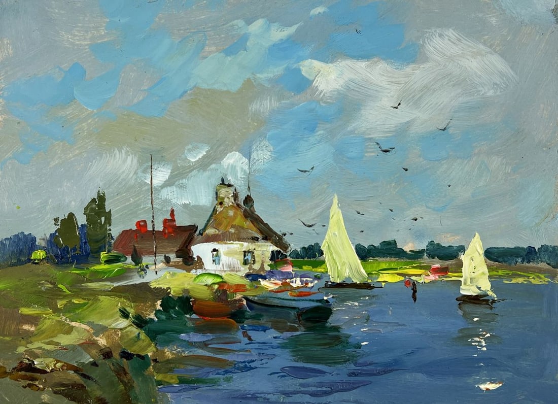 Oil painting Fisherman's Lodge by the River Yuriy Suprunchuk - 3