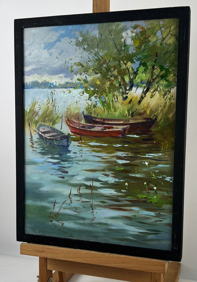 Oil painting Boats by the River Under the Tree Yuriy Suprunchuk - 2