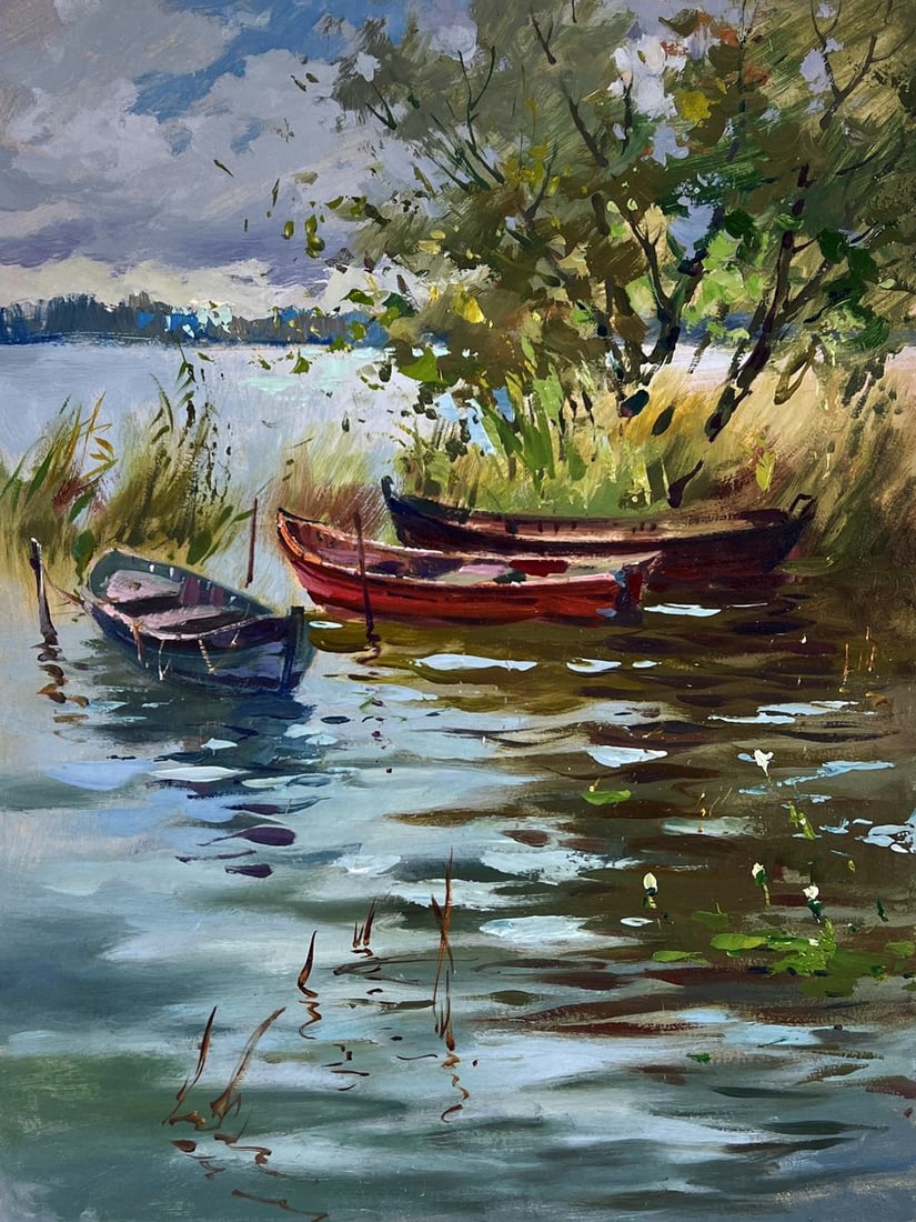 Oil painting Boats by the River Under the Tree Yuriy Suprunchuk - 3