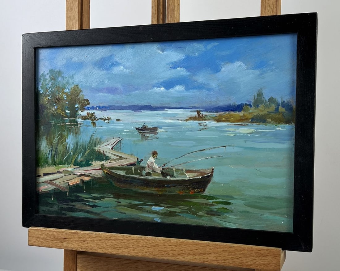 Oil painting Fishermen on Boats Near The River Bank Yuriy Suprunchuk - 2
