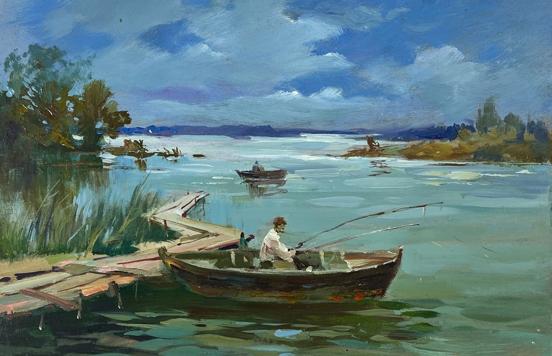 Oil painting Fishermen on Boats Near The River Bank Yuriy Suprunchuk - 3