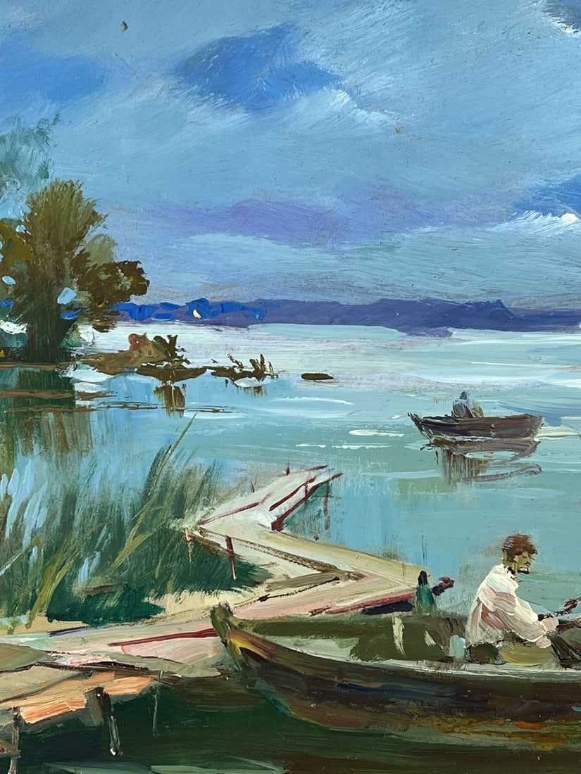 Oil painting Fishermen on Boats Near The River Bank Yuriy Suprunchuk - 4