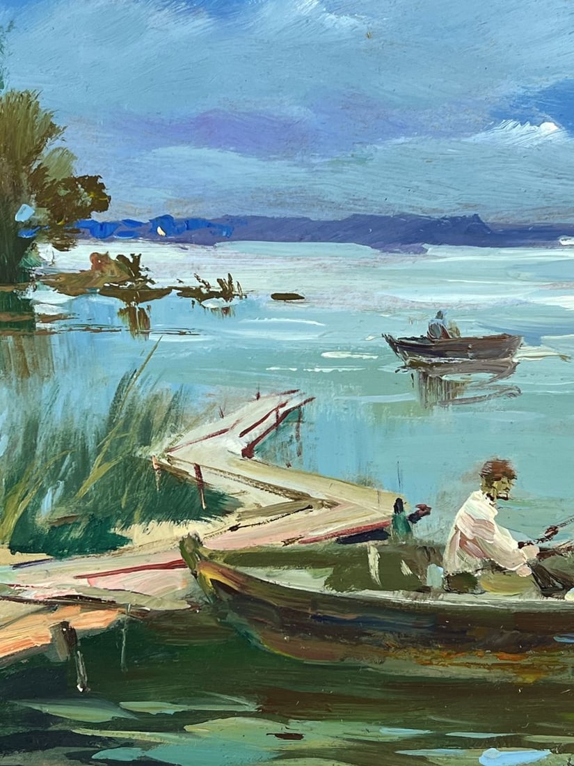 Oil painting Fishermen on Boats Near The River Bank Yuriy Suprunchuk - 5