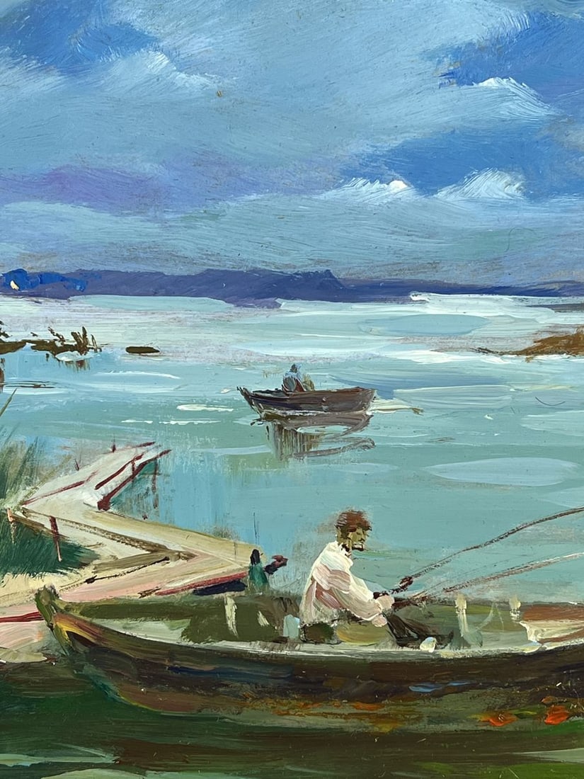 Oil painting Fishermen on Boats Near The River Bank Yuriy Suprunchuk - 6