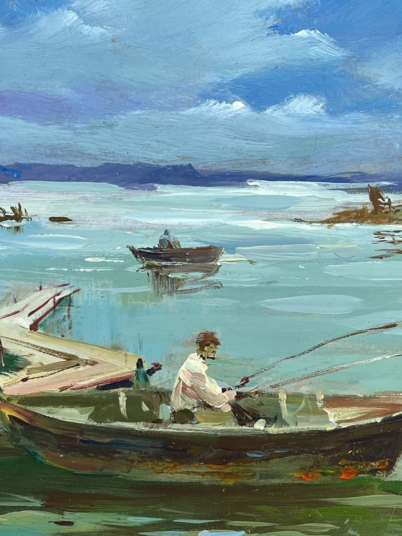Oil painting Fishermen on Boats Near The River Bank Yuriy Suprunchuk - 7