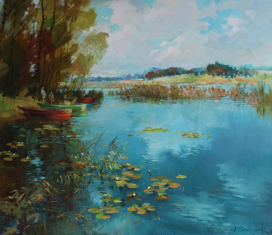Oil painting Reflection on water Yuriy Suprunchuk: Title: Oil painting Reflection on water Yuriy Suprunchuk Description: NoSUPR4 The Oil painting on Canvas titled "Reflection on water" invites the viewer into a tranquil riverside landscape where natur