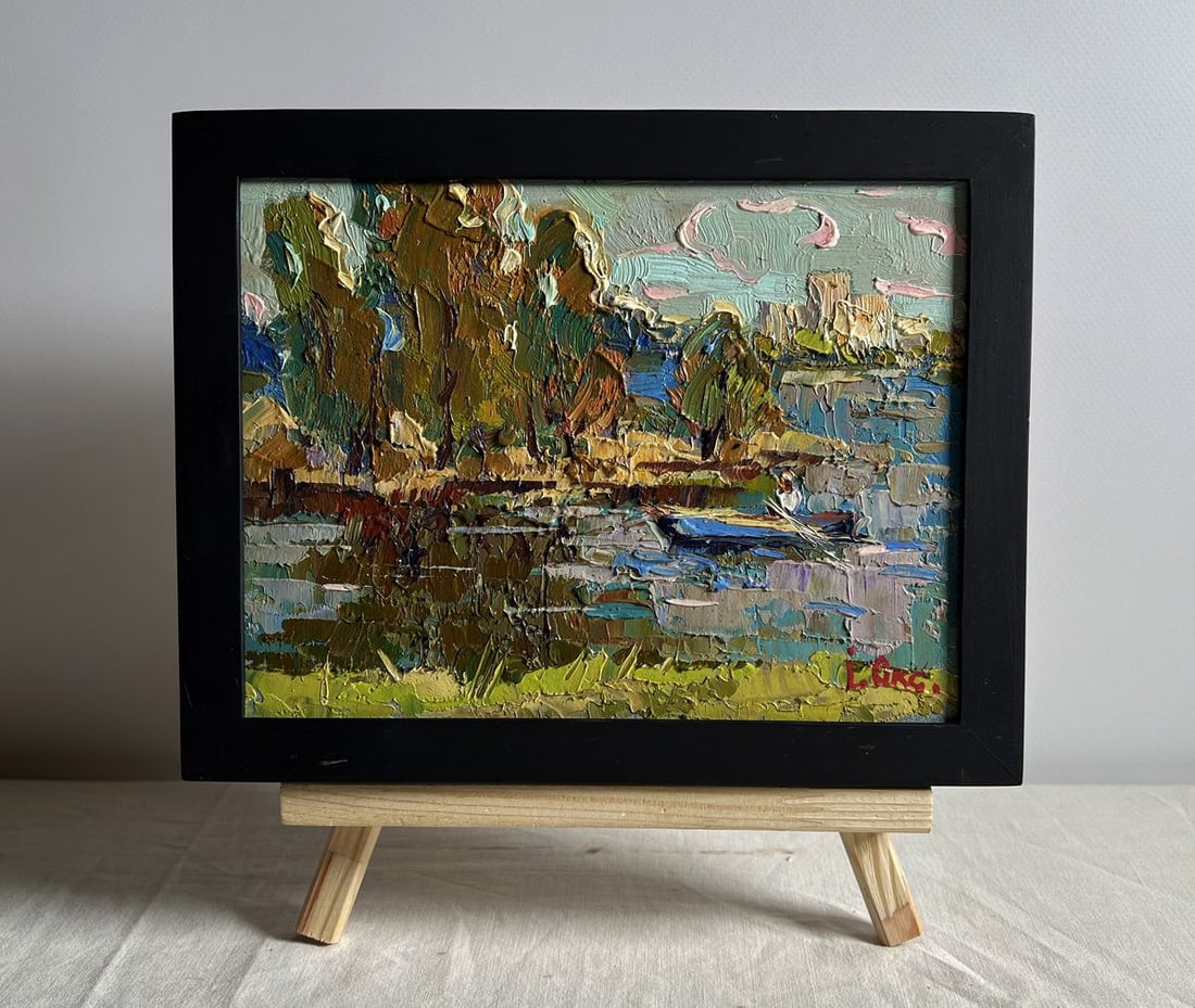 Oil painting Outside the city by boat Oksana Kalenyuk: Title: Oil painting Outside the city by boat Oksana Kalenyuk Description: NoAAA4019 This oil painting cardboard, titled "Outside the city by boat", the artist employs thick, expressive brushstrokes