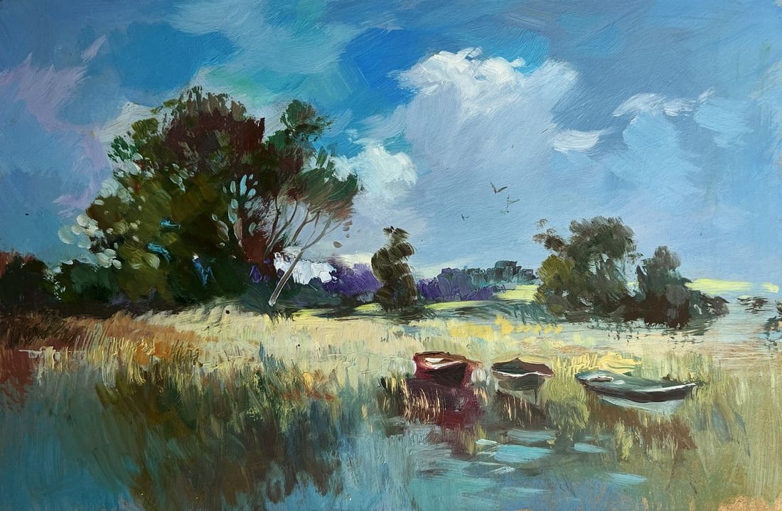 Oil painting Three boats on the river Yuriy Suprunchuk - 3