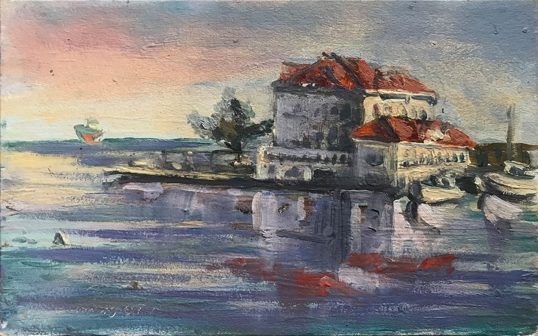 Oil painting Cottage by the river Unknown artist: Title: Oil painting Cottage by the river Unknown artist Description: NoAAA2259 This beautiful oil painting features a idyllic cottage on the shore of a big river. The cottage has a red roof and is