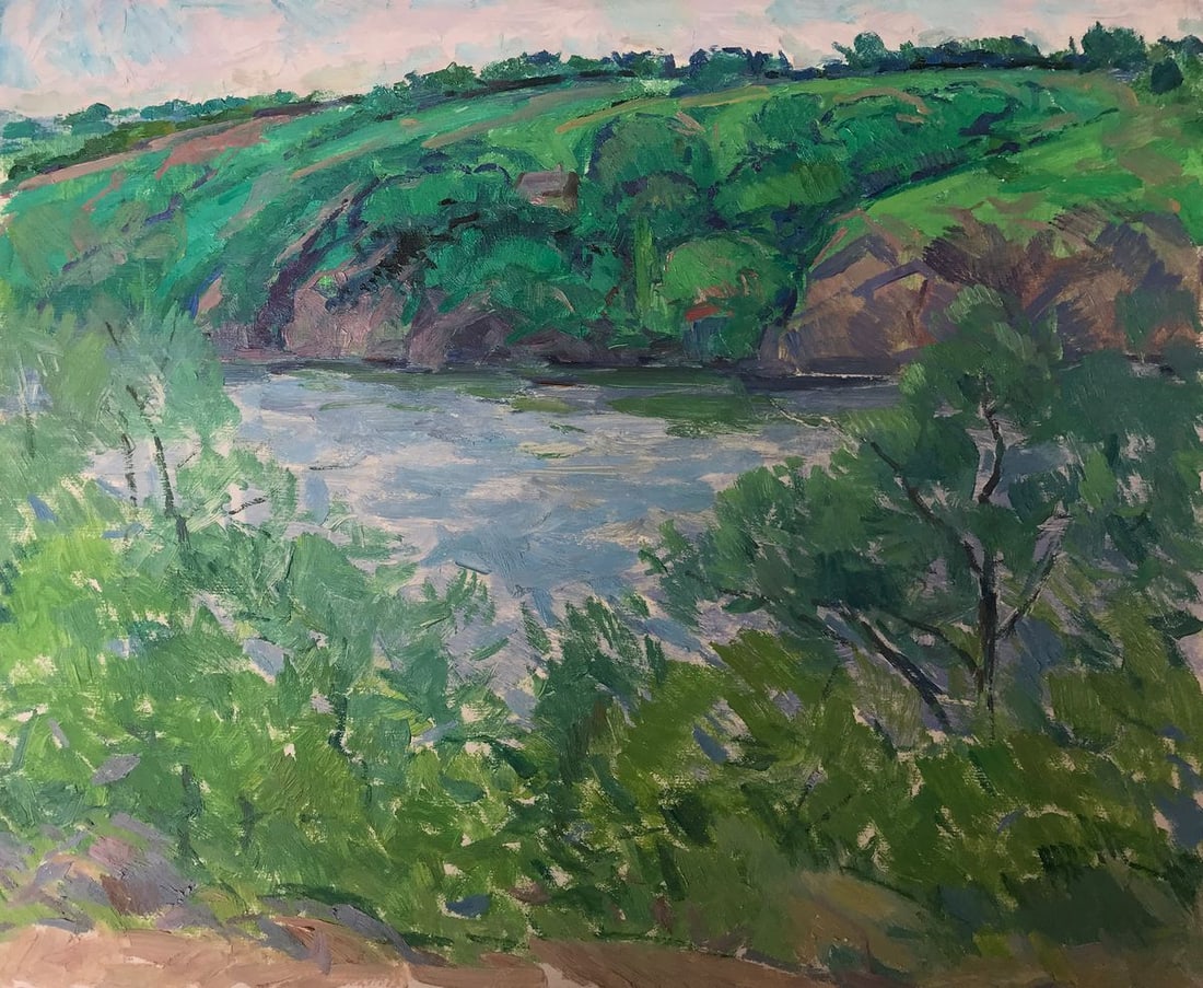 Oil painting Landscape with a river Peter Tovpev: Title: Oil painting Landscape with a river Peter Tovpev Description: NoAAA2321 This beautiful oil painting captures a idyllic landscape scene, with a river winding its way through verdant green fields
