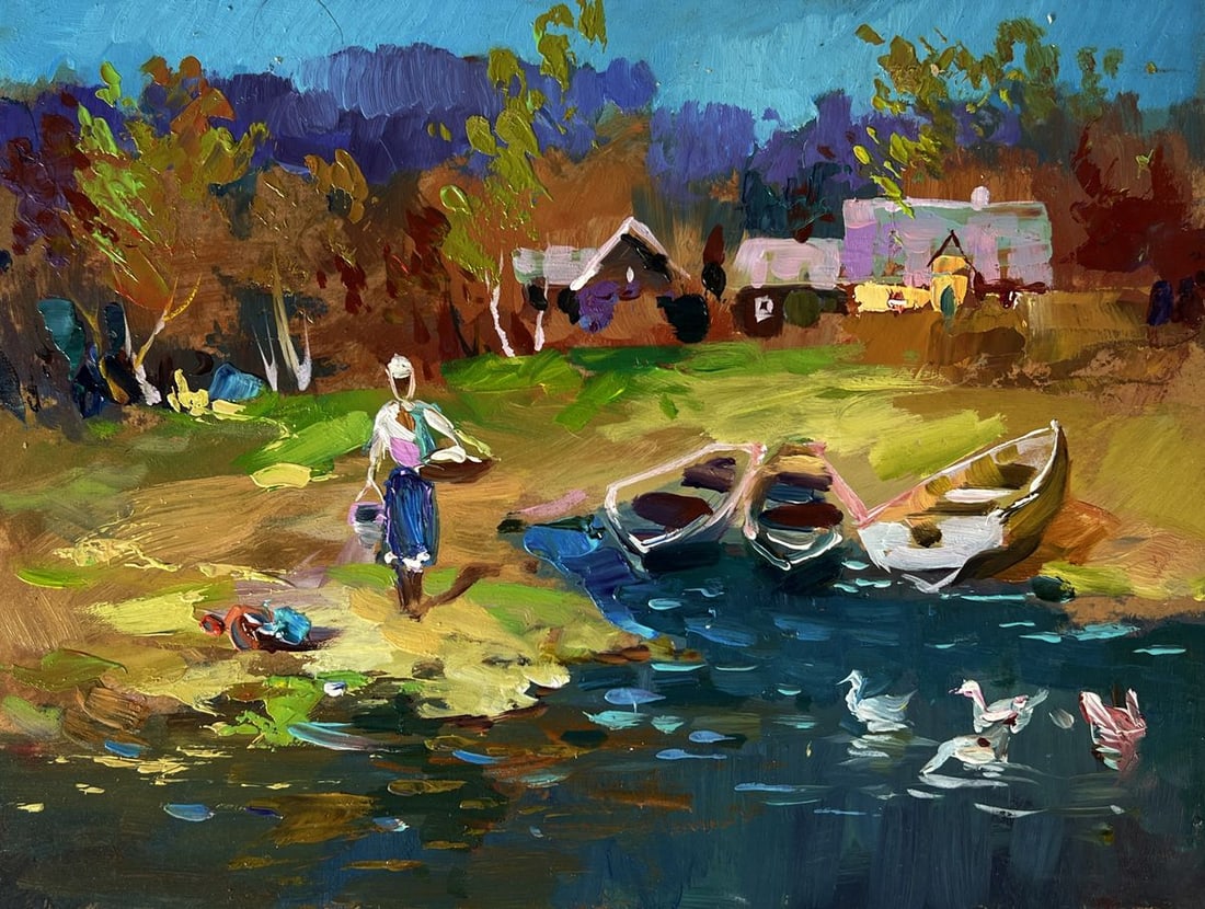 Oil painting Geese are swimming near the river Yuriy Suprunchuk - 3