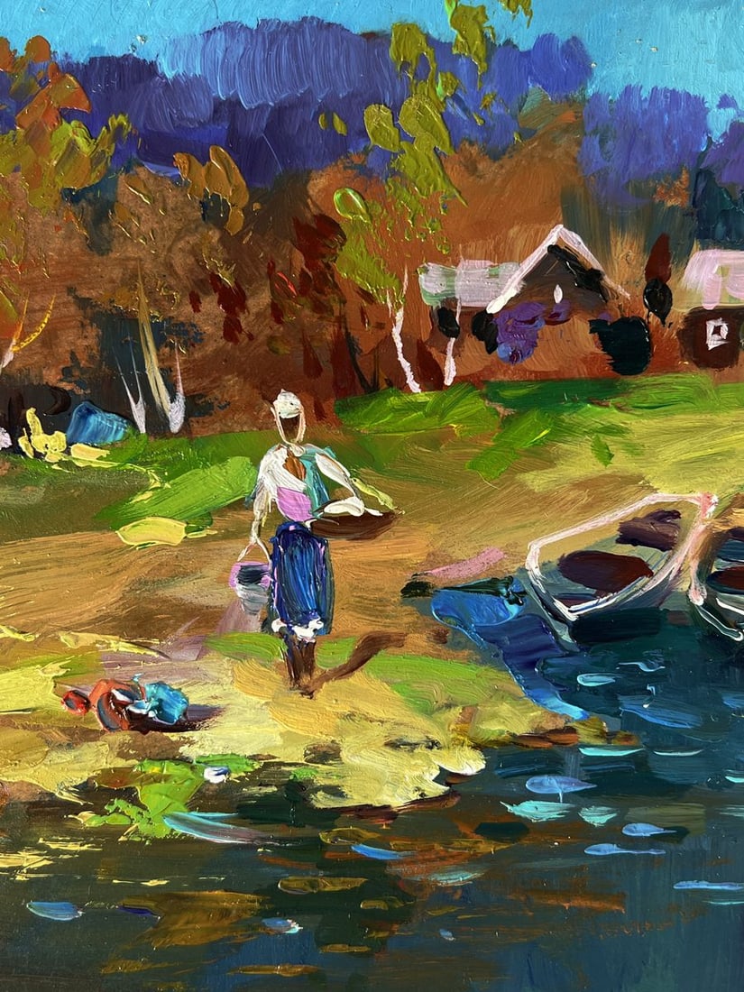 Oil painting Geese are swimming near the river Yuriy Suprunchuk - 4