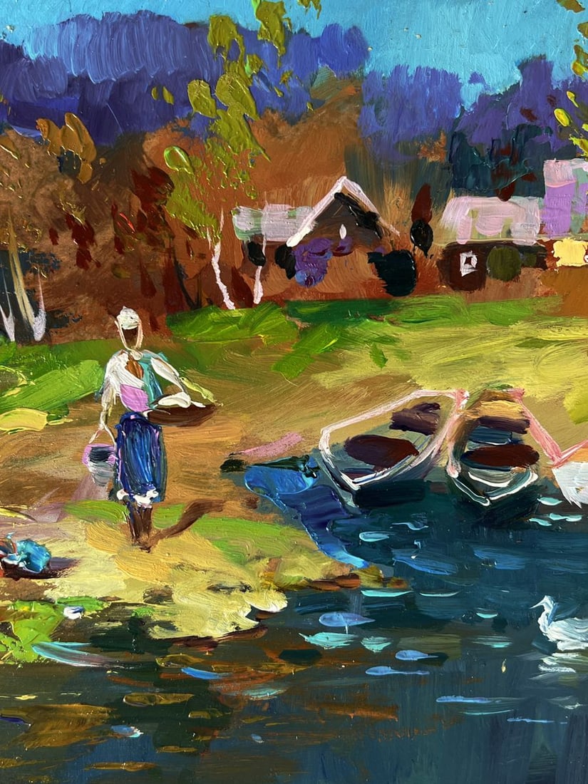 Oil painting Geese are swimming near the river Yuriy Suprunchuk - 5